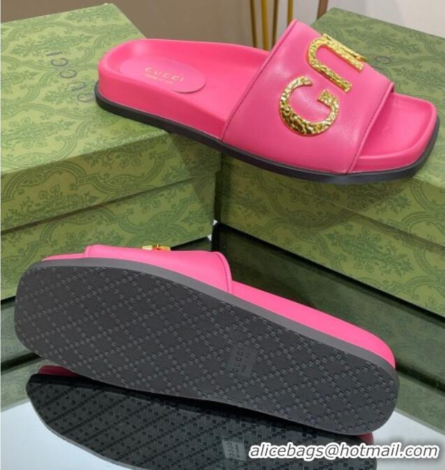 Luxury Gucci Leather Flat Slide Sandals with Gold-Tone GUCCI Pink 321106