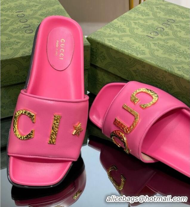 Luxury Gucci Leather Flat Slide Sandals with Gold-Tone GUCCI Pink 321106