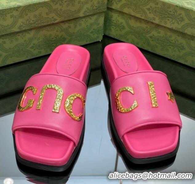 Luxury Gucci Leather Flat Slide Sandals with Gold-Tone GUCCI Pink 321106