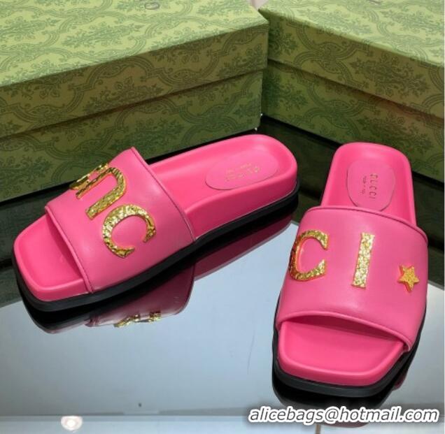 Luxury Gucci Leather Flat Slide Sandals with Gold-Tone GUCCI Pink 321106