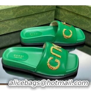 Top Grade Gucci Leather Flat Slide Sandals with Gold-Tone GUCCI Green 321107