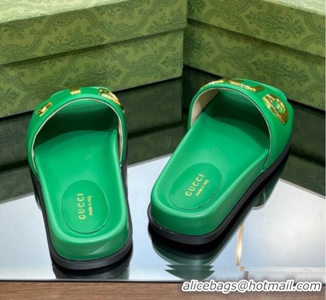 Top Grade Gucci Leather Flat Slide Sandals with Gold-Tone GUCCI Green 321107