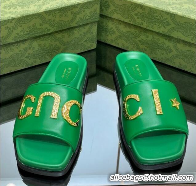 Top Grade Gucci Leather Flat Slide Sandals with Gold-Tone GUCCI Green 321107