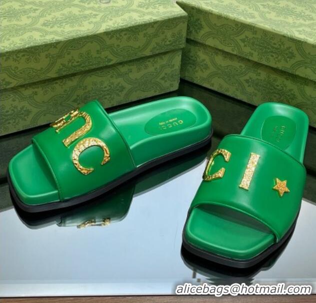 Top Grade Gucci Leather Flat Slide Sandals with Gold-Tone GUCCI Green 321107