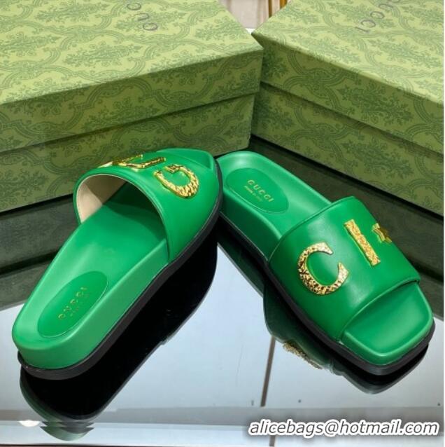 Top Grade Gucci Leather Flat Slide Sandals with Gold-Tone GUCCI Green 321107