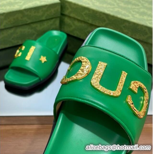 Top Grade Gucci Leather Flat Slide Sandals with Gold-Tone GUCCI Green 321107