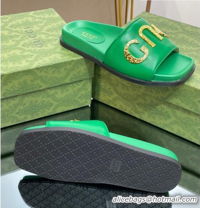 Top Grade Gucci Leather Flat Slide Sandals with Gold-Tone GUCCI Green 321107