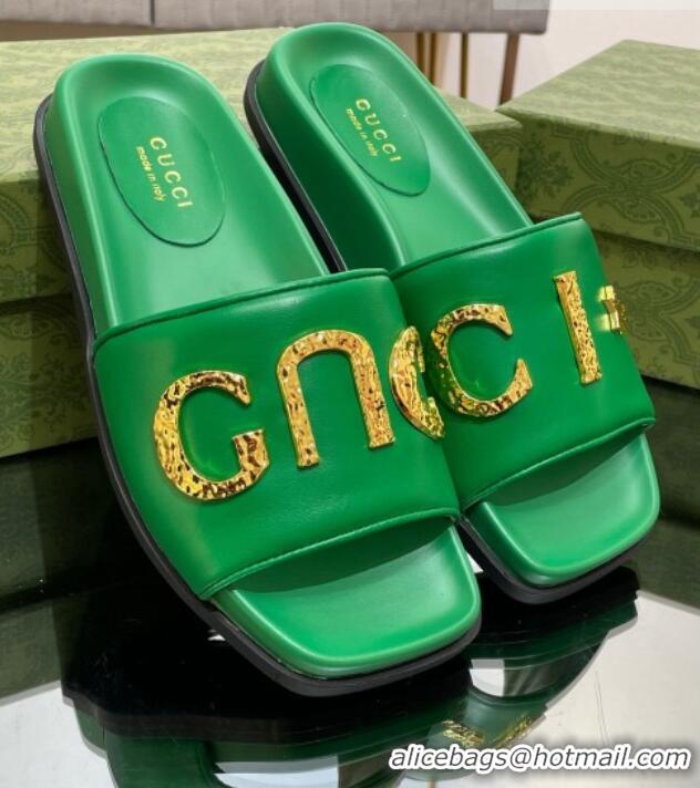 Top Grade Gucci Leather Flat Slide Sandals with Gold-Tone GUCCI Green 321107