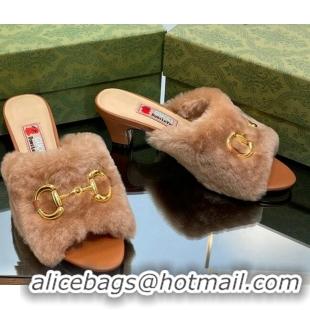 Luxurious Gucci Fur Mid-Heel Slide Sandals 5.5cm with Horsebit Brown 321108