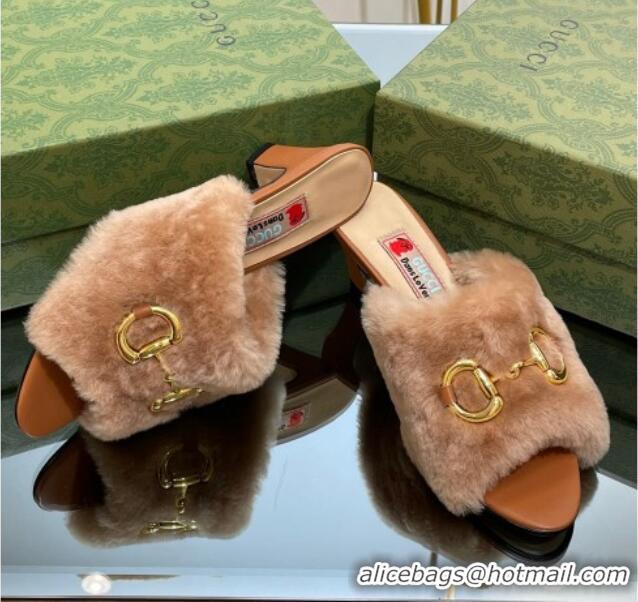 Luxurious Gucci Fur Mid-Heel Slide Sandals 5.5cm with Horsebit Brown 321108