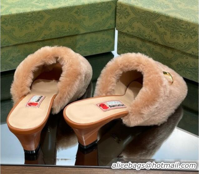 Luxurious Gucci Fur Mid-Heel Slide Sandals 5.5cm with Horsebit Brown 321108