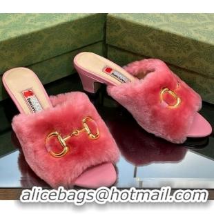 Good Quality Gucci Fur Mid-Heel Slide Sandals 5.5cm with Horsebit Pink 321109