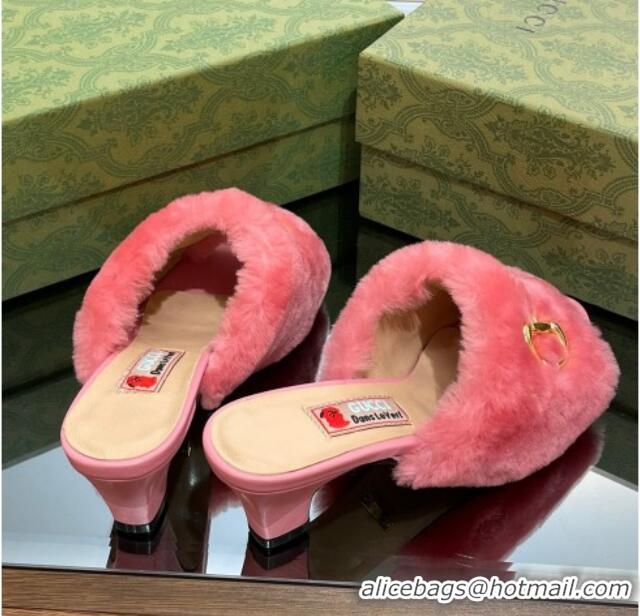 Good Quality Gucci Fur Mid-Heel Slide Sandals 5.5cm with Horsebit Pink 321109