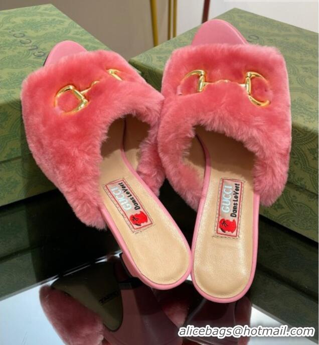 Good Quality Gucci Fur Mid-Heel Slide Sandals 5.5cm with Horsebit Pink 321109