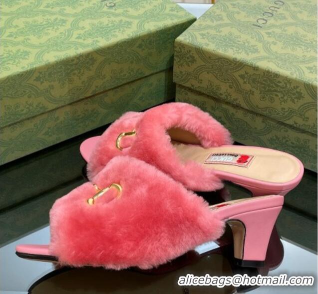 Good Quality Gucci Fur Mid-Heel Slide Sandals 5.5cm with Horsebit Pink 321109