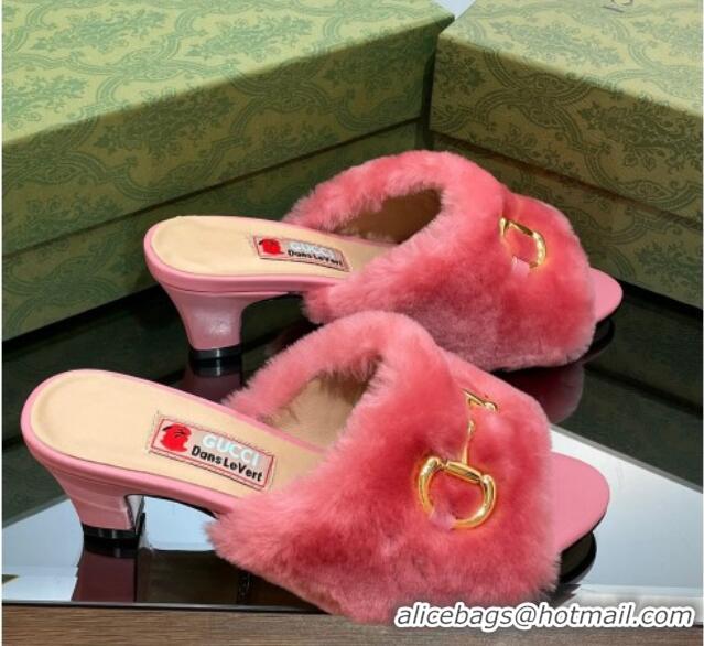 Good Quality Gucci Fur Mid-Heel Slide Sandals 5.5cm with Horsebit Pink 321109