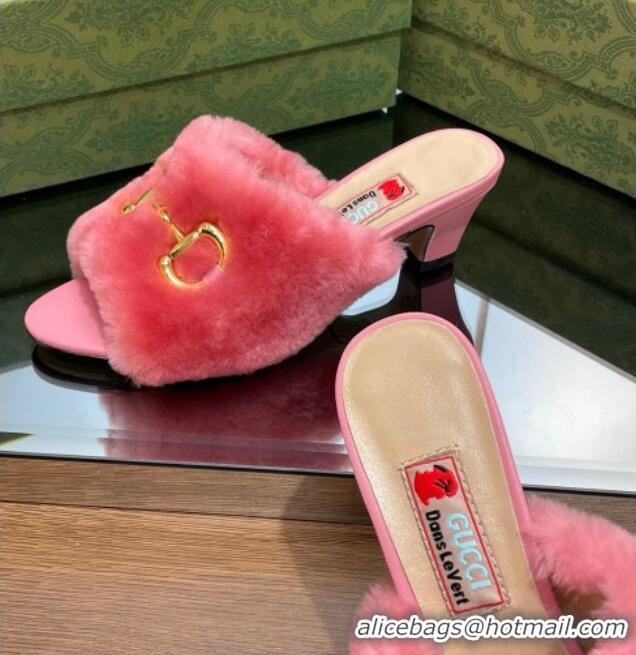 Good Quality Gucci Fur Mid-Heel Slide Sandals 5.5cm with Horsebit Pink 321109