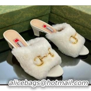 Popular Style Gucci Fur Mid-Heel Slide Sandals 5.5cm with Horsebit White 321110