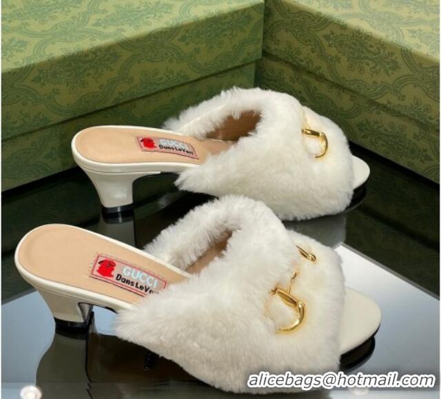 Popular Style Gucci Fur Mid-Heel Slide Sandals 5.5cm with Horsebit White 321110