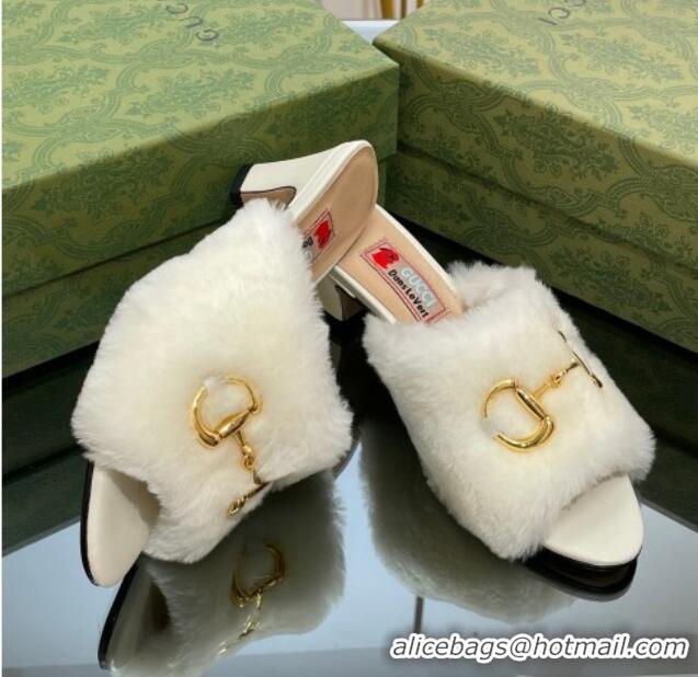 Popular Style Gucci Fur Mid-Heel Slide Sandals 5.5cm with Horsebit White 321110