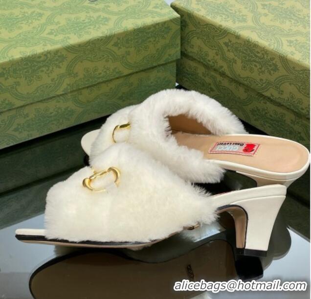 Popular Style Gucci Fur Mid-Heel Slide Sandals 5.5cm with Horsebit White 321110