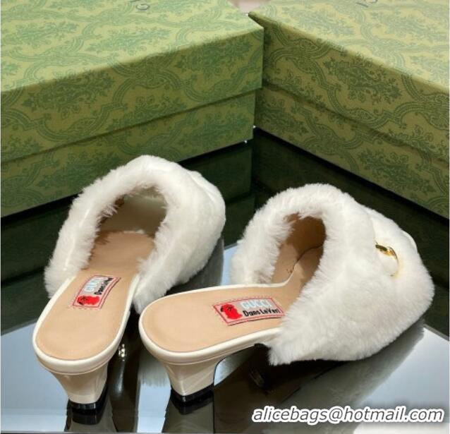 Popular Style Gucci Fur Mid-Heel Slide Sandals 5.5cm with Horsebit White 321110