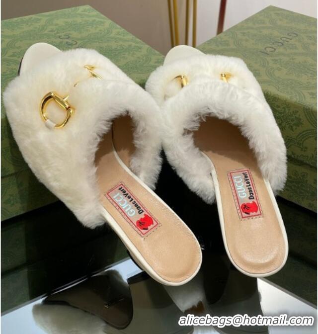 Popular Style Gucci Fur Mid-Heel Slide Sandals 5.5cm with Horsebit White 321110