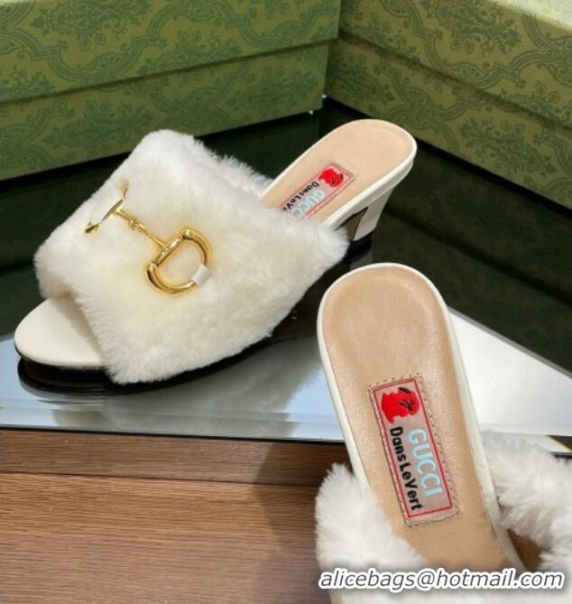 Popular Style Gucci Fur Mid-Heel Slide Sandals 5.5cm with Horsebit White 321110