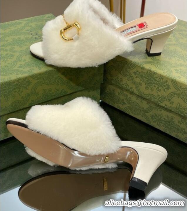 Popular Style Gucci Fur Mid-Heel Slide Sandals 5.5cm with Horsebit White 321110