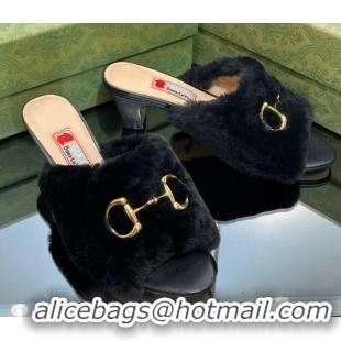 Best Product Gucci Fur Mid-Heel Slide Sandals 5.5cm with Horsebit Black 321111