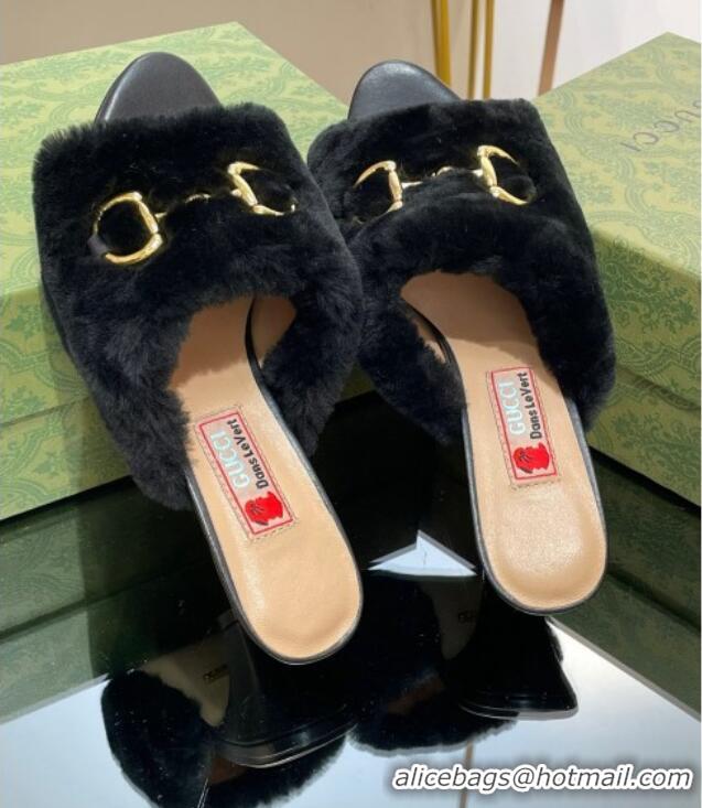 Best Product Gucci Fur Mid-Heel Slide Sandals 5.5cm with Horsebit Black 321111