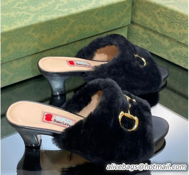 Best Product Gucci Fur Mid-Heel Slide Sandals 5.5cm with Horsebit Black 321111