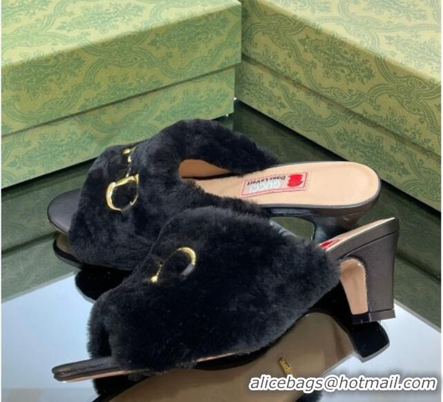 Best Product Gucci Fur Mid-Heel Slide Sandals 5.5cm with Horsebit Black 321111