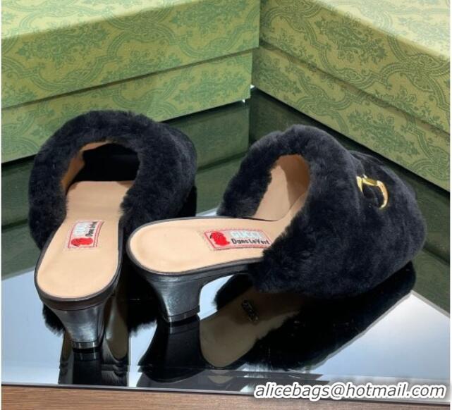 Best Product Gucci Fur Mid-Heel Slide Sandals 5.5cm with Horsebit Black 321111