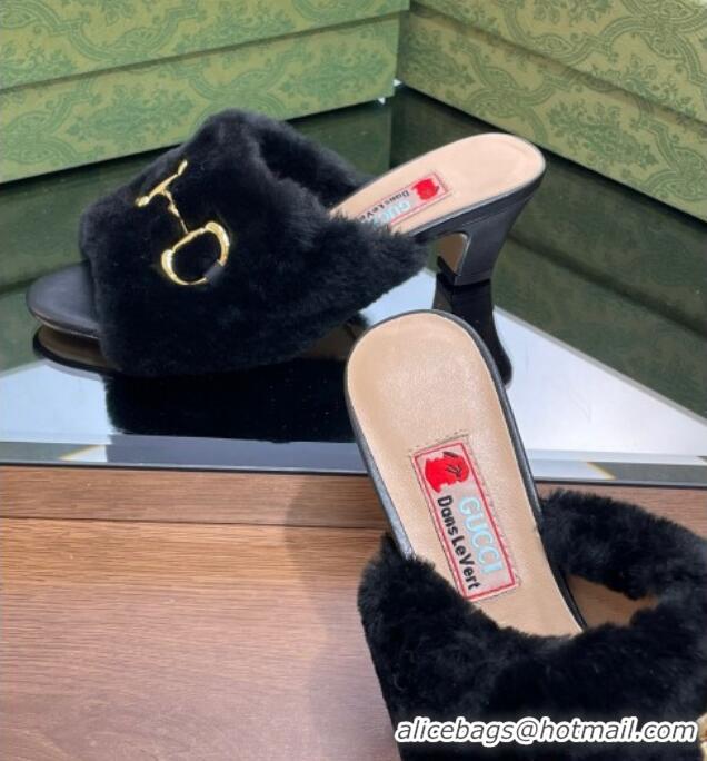 Best Product Gucci Fur Mid-Heel Slide Sandals 5.5cm with Horsebit Black 321111