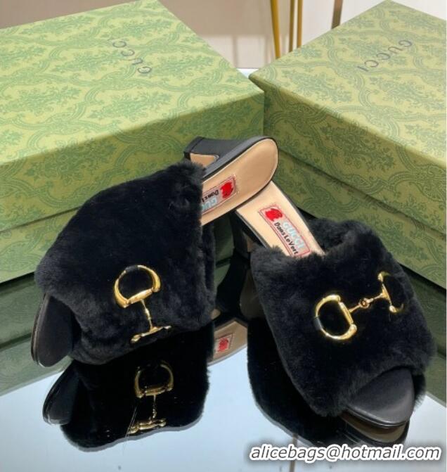 Best Product Gucci Fur Mid-Heel Slide Sandals 5.5cm with Horsebit Black 321111