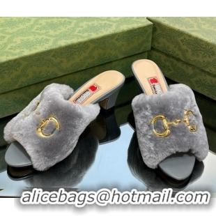 Cheap Price Gucci Fur Mid-Heel Slide Sandals 5.5cm with Horsebit Grey 321112