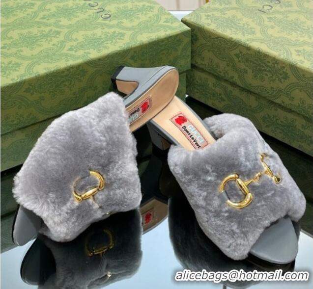 Cheap Price Gucci Fur Mid-Heel Slide Sandals 5.5cm with Horsebit Grey 321112