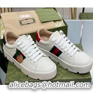 Discount Gucci Ace Embroidered Leather Platform Sneakers White 321113