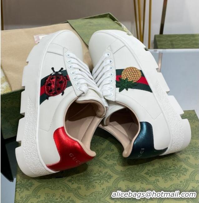 Discount Gucci Ace Embroidered Leather Platform Sneakers White 321113