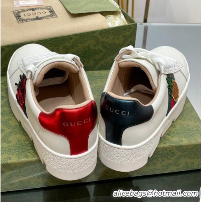 Discount Gucci Ace Embroidered Leather Platform Sneakers White 321113