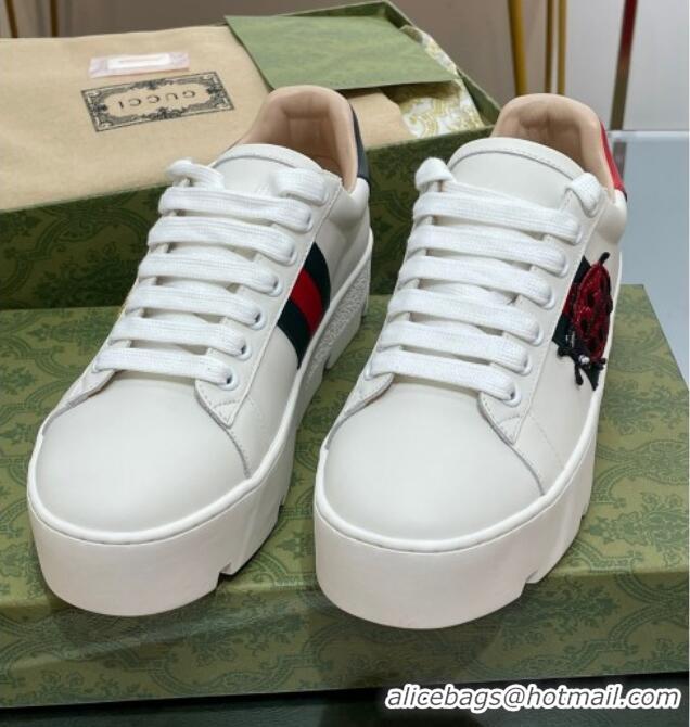 Discount Gucci Ace Embroidered Leather Platform Sneakers White 321113