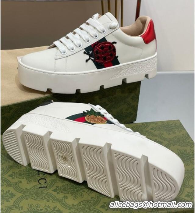 Discount Gucci Ace Embroidered Leather Platform Sneakers White 321113