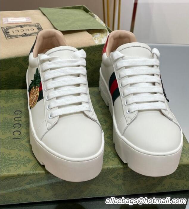 Discount Gucci Ace Embroidered Leather Platform Sneakers White 321113