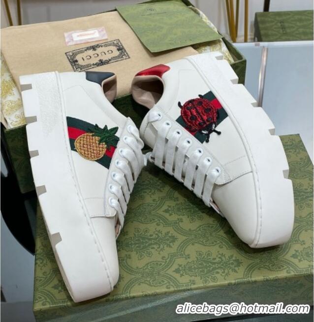 Discount Gucci Ace Embroidered Leather Platform Sneakers White 321113