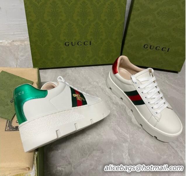 Best Price Gucci Ace Bee Embroidered Leather Platform Sneakers White 321114