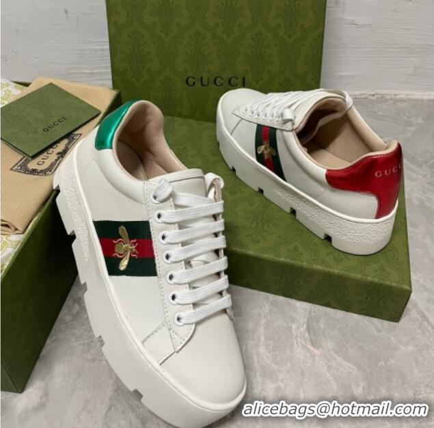 Best Price Gucci Ace Bee Embroidered Leather Platform Sneakers White 321114