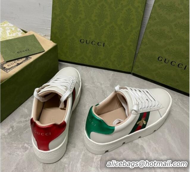 Best Price Gucci Ace Bee Embroidered Leather Platform Sneakers White 321114