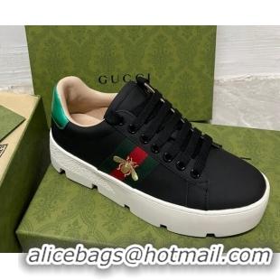 Classic Hot Gucci Ace Bee Embroidered Leather Platform Sneakers Black 321115