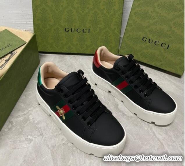 Classic Hot Gucci Ace Bee Embroidered Leather Platform Sneakers Black 321115